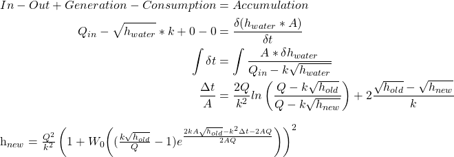  \begin{align*} In  - Out  + Generation  - Consumption & = Accumulation \\ Q_{in} - \sqrt{h_{water}}*k  + 0  -0 & = \frac{\delta (h_{water}*A)}{\delta t} \\ \int \delta t  & = \int \frac{A*\delta h_{water}}{Q_{in} - k\sqrt{h_{water}}} \\ \frac{\Delta t}{A} & = \frac{2Q}{k^2}ln\left( \frac{Q-k\sqrt{h_{old}}}{Q-k\sqrt{h_{new}}} \right)+2\frac{\sqrt{h_{old}}-\sqrt{h_{new}}}{k} \end{align} h_{new} = \frac{Q^2}{k^2}\left( 1+W_0{\left(}(\frac{k\sqrt{h_{old}}}{Q}-1)e^\frac{2kA\sqrt{h_{old}}-k^2 \Delta t-2AQ}{2AQ} \right) \right) ^2 