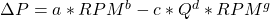  \Delta P = a * RPM^b - c*Q^d*RPM^g 